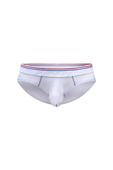 White mens briefs with a red white and blue striped waistband embossed with pentti brand name in modal fabric