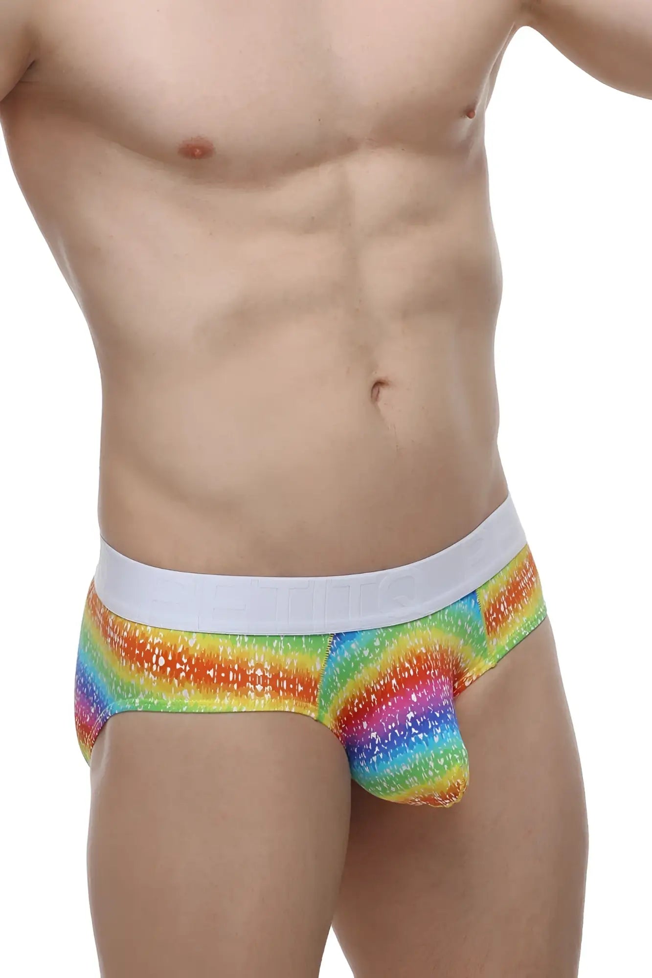 Petitq brief hang rainbow men’s briefs with rainbow pattern white elastic waistband and glittery fabric front view