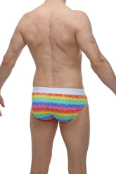 Rainbow-striped glittery men’s briefs with white waistband from PetitQ brief hang rainbow collection