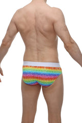 Rainbow-striped glittery men’s briefs with white waistband from PetitQ brief hang rainbow collection