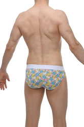 Pastel-colored petitq brief linay duckies with cartoon duck pattern in blue pink and yellow on light fabric with white waistband