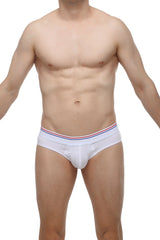 White petitq brief livet with a red white and blue striped waistband made from soft breathable fabric
