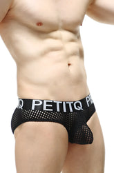 Black mesh PetitQ brief with white logo band featuring mega bulge design in Durtol color
