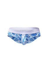 PetitQ brief mega bulge maeha in blue and white leaf-patterned fabric with a solid white waistband for men