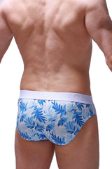 PetitQ Brief Mega Bulge Maeha blue and white tropical leaf patterned men’s briefs with solid white waistband
