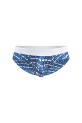 Blue and white patterned petitq brief mega bulge mens briefs with solid white waistband in denim material