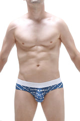 Blue and white patterned mens briefs with solid white waistband petitq brief mega bulge new denim design