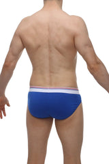 Blue men’s PetitQ brief Menhir modal with white waistband and thin red and blue stripes visible from front side