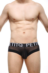 Black mesh briefs with bold white petitq logo band on waistband in petitq brief monchy net black design