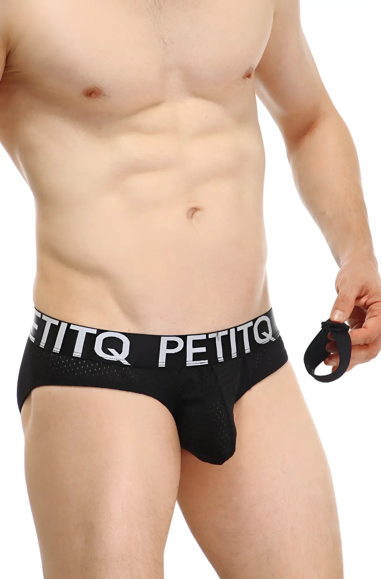 Black petitq brief protruder detachable bee with mesh texture and white logo band in mens underwear style