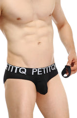 Black petitq brief protruder detachable bee with mesh texture and white logo band in mens underwear style