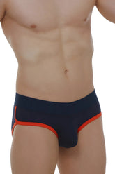 Navy blue petitq brief retro modal with bold orange trim on sides and waistband in soft modal fabric