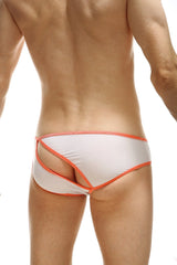 White briefs with orange trim and cut-out design from petitq brief rift plum white collection