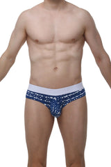 Petitq cheeky brief new denim men’s briefs with blue and white pattern and solid white waistband
