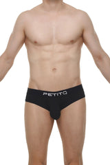 Black petitq men’s cheeky briefs with sleek form-fitting design and white logo branding in skine fabric