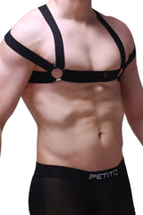 Black petitq chest harness louens with adjustable straps and central ring on waistband visible from the back side