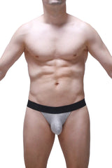 PetitQ g-string attin gray silver metallic briefs with black waistband showcasing front design in shiny fabric