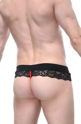 PetitQ G-string Blécourt black black lace thong with red string detail shown from the back side