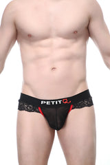 Black lace-trimmed men’s briefs with red accents and petitq logo on waistband in petitq g-string blécourt black