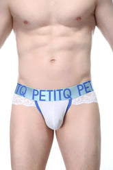Petitq g-string blécourt white men’s briefs in white and blue with lace trim showing front side details