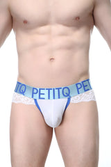 Petitq g-string blécourt white men’s briefs in white and blue with lace trim showing front side details
