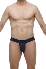Navy blue mesh thong with solid waistband from petitq featuring breathable net fabric for comfortable wear