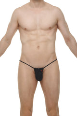 Black g-string cocksak joe with thin elastic straps and a small red logo on the front