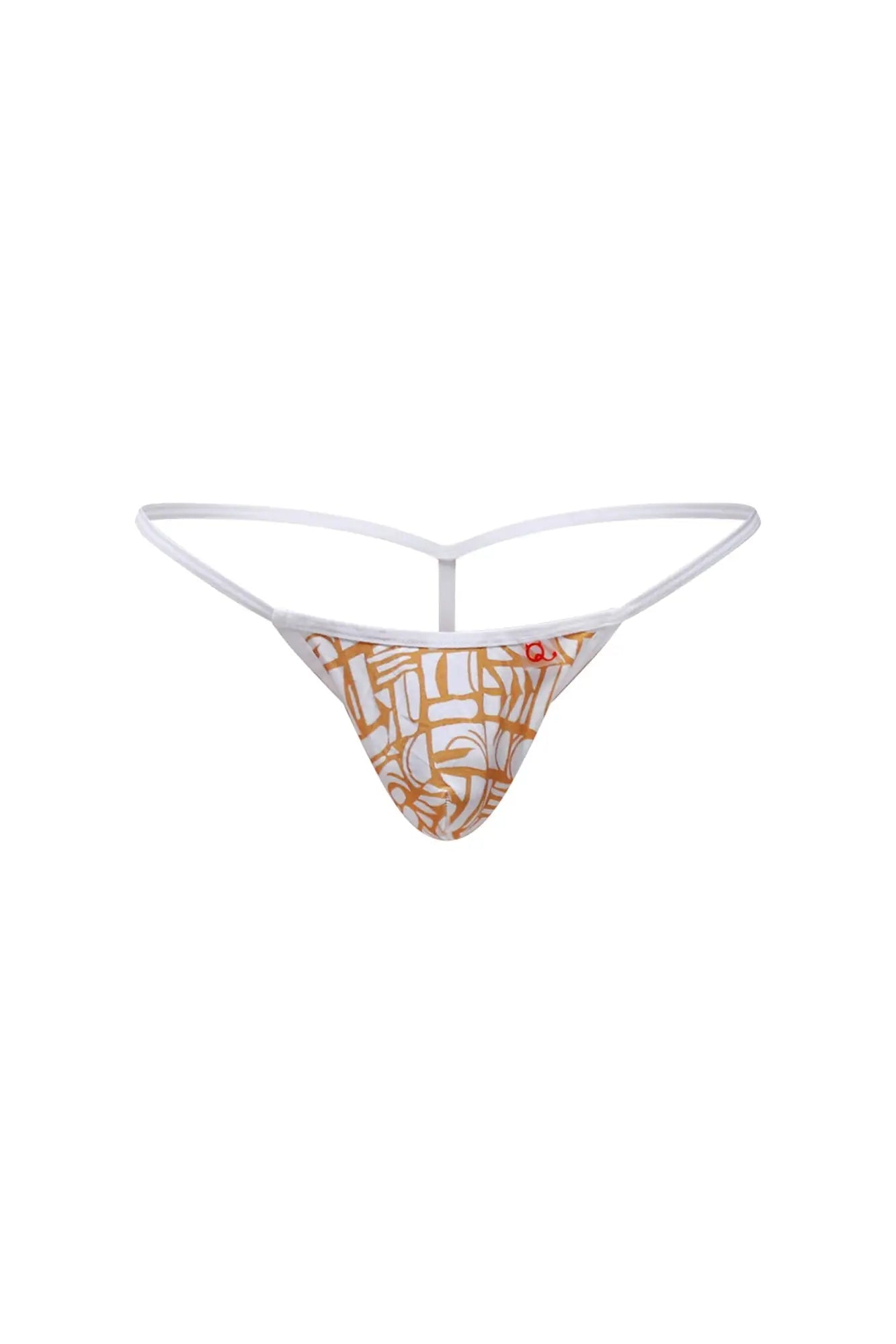 White thong g-string with orange and white abstract geometric pattern by petitq herat carlot