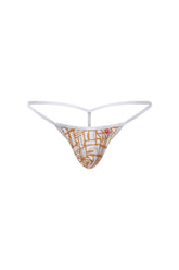 White thong g-string with orange and white abstract geometric pattern by petitq herat carlot