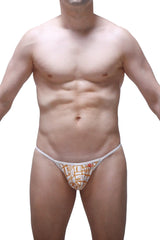White thong g-string petitq herat carlot with orange geometric pattern and small red logo on the side