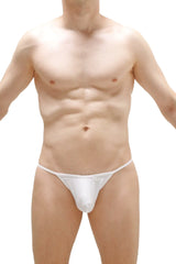 White thong g-string by PetitQ made of smooth shiny fabric with minimalist design and metal heart detail