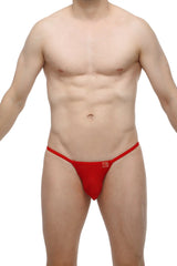 Red mesh thong petitq g-string pearl bee red with a small rectangular logo on the front