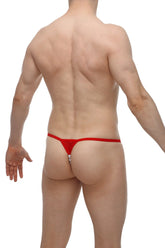 Back view of petitQ g-string pearl bee red thong with silver-toned metal clasp and red fabric detailing