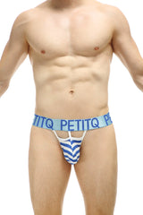 Blue and white striped petitq g-string thong with light blue waistband and bold brand name lettering
