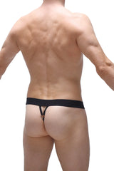 Black petite g-string with a small metallic ring at the center from petitq saleon panthere collection