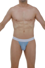 Light blue form-fitting g-string jockstrap with contrasting white waistband from saleon skine blue collection