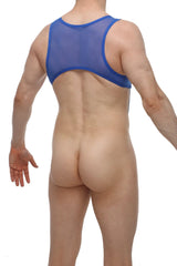 Blue sheer mesh men’s backless top with blue trim shown from the back in petitq harness petitq cockring larnat net blue