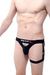 Black petitq men’s briefs with side straps and red logo designed for comfort and support in active wear