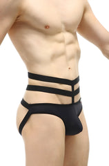 PetitQ jockstrap Bassan black three-strapped men’s briefs with sleek form-fitting design front view