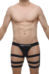 Black petitq jockstrap bondage men’s underwear with cut-out design and multiple horizontal straps front view