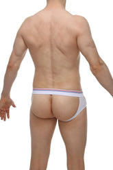 White petitq jockstrap chery modal briefs with thin red white and blue striped waistband made of soft fabric
