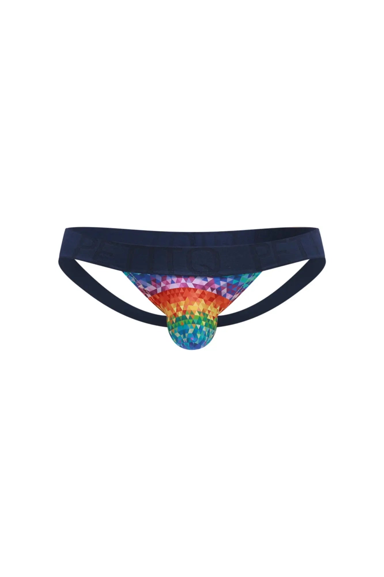 Navy blue PetitQ jockstrap thong with a rainbow geometric disco ball front panel called chill kaleidoscope