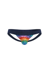 Navy blue PetitQ jockstrap thong with a rainbow geometric disco ball front panel called chill kaleidoscope