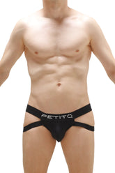 Black petitq jockstrap briefs with a sleek form-fitting design and contrasting white logo on the waistband