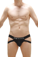 Black petitq jockstrap briefs with a sleek form-fitting design and contrasting white logo on the waistband
