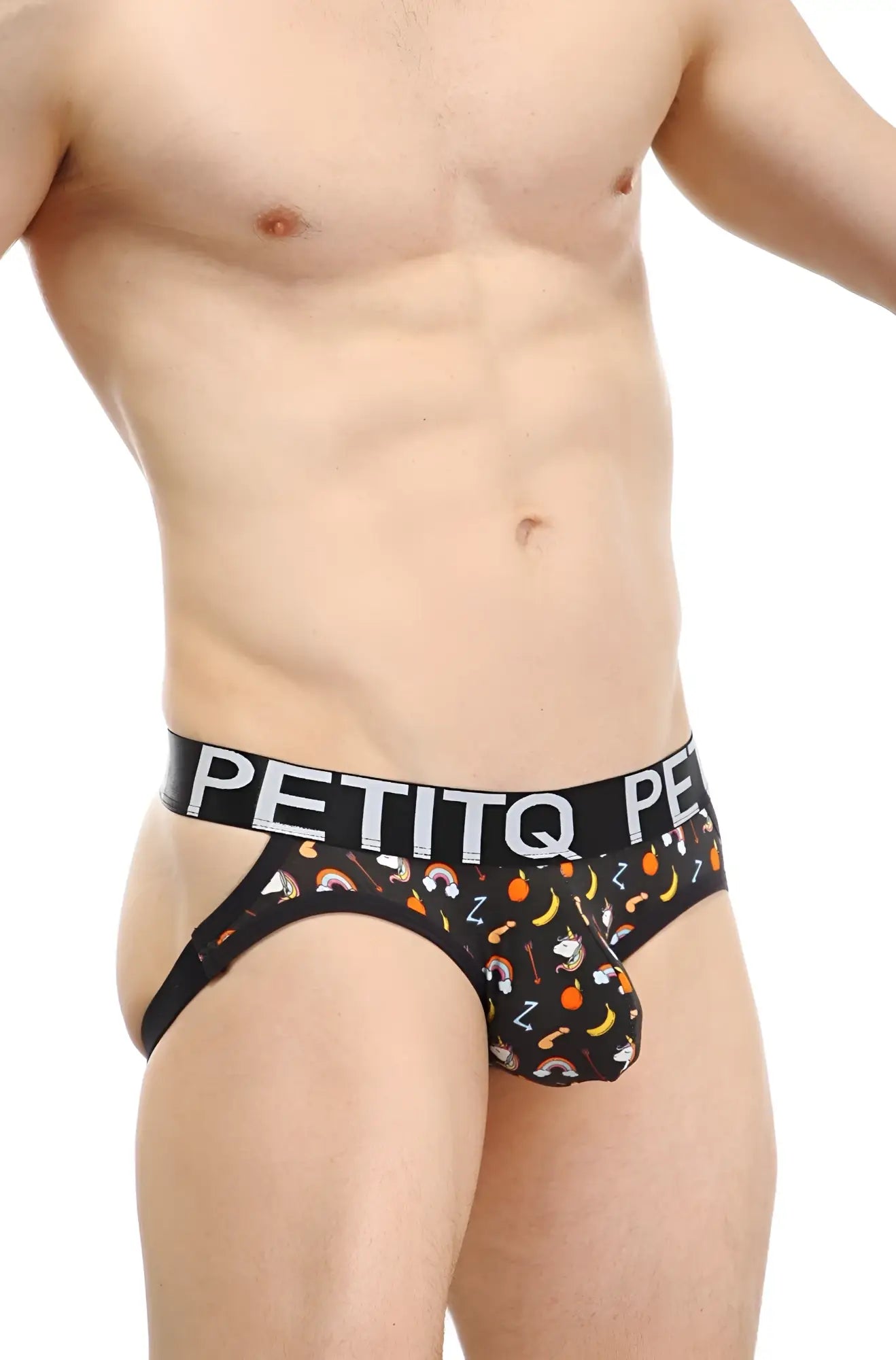 Black mens briefs with playful rainbows bananas and sleeping symbols pattern from petitq jockstrap lunan sitges collection