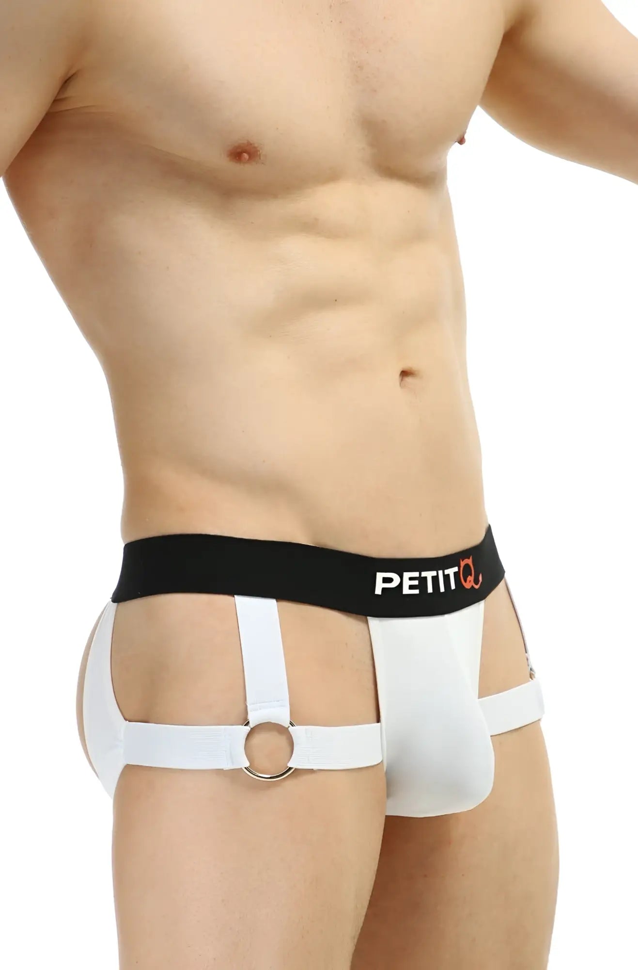 White petitq jockstrap with black waistband, petitq branding, and silver ring detail in comfortable fabric