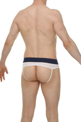 White and navy blue jockstrap briefs with narrow waistband designed for open skine comfort and support