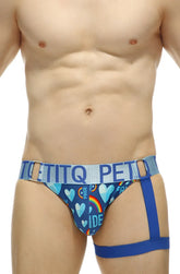 Blue patterned petitq jockstrap prenay pride briefs with heart and rainbow designs and light blue waistband
