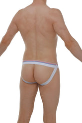 White petitq jockstrap protruder modal briefs with thin red and blue striped waistband designed for athletic use